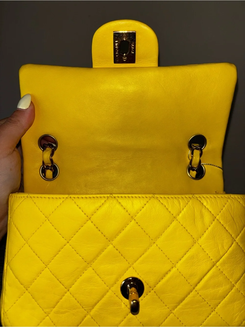 CHANEL Yellow Quilted Lambskin Mini Flap Bag with Gold Hardware